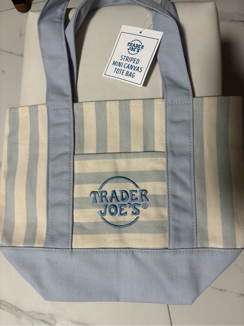 Trader Joe's Striped Canvas Tote Bag in Light Blue and Cream